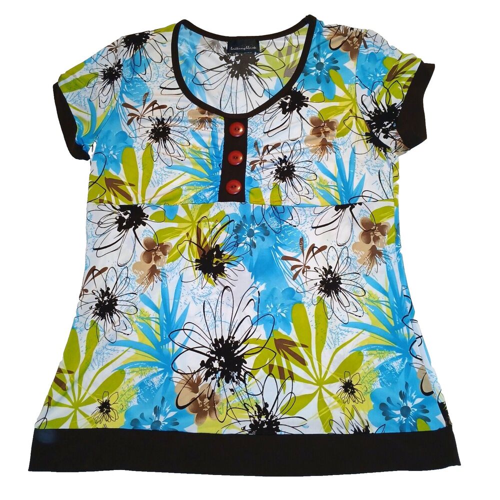 Brittany Black Blue Brown Black Floral Print Top Knit Blouse Short Sleeve Sze M?